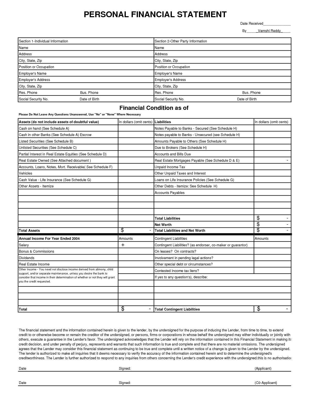 Personal Financial Statements Template